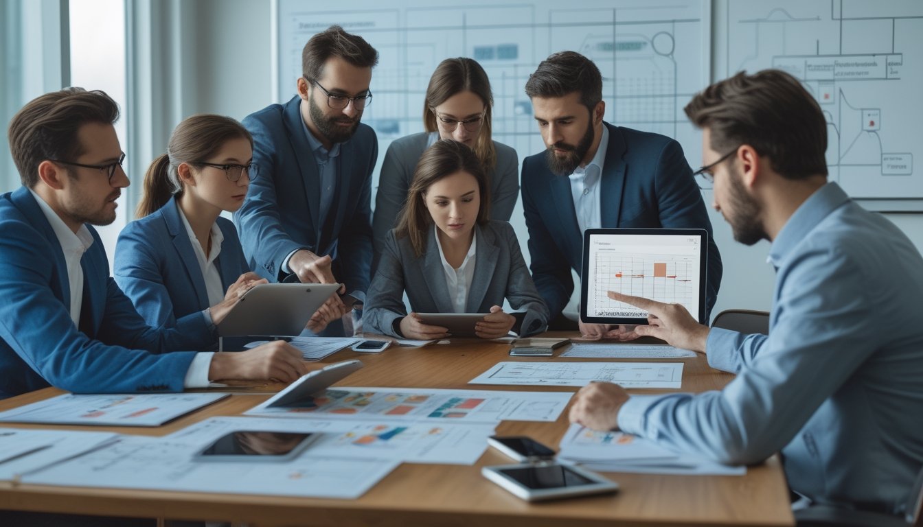 Sekelompok profesional sedang menganalisis peluang dan risiko dalam permainan Ceme di ruang kantor modern dengan grafik dan perangkat digital di meja.