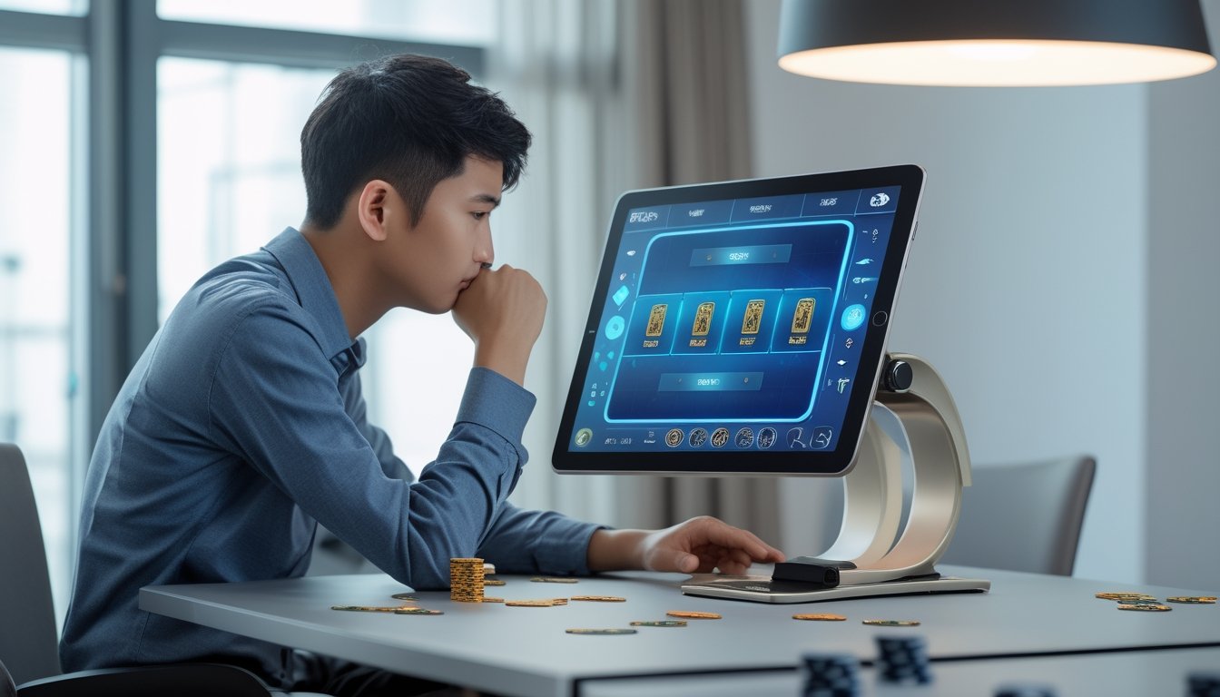 Seorang pria muda sedang duduk di meja sambil melihat tablet yang menampilkan permainan kartu virtual, dengan ekspresi berpikir.