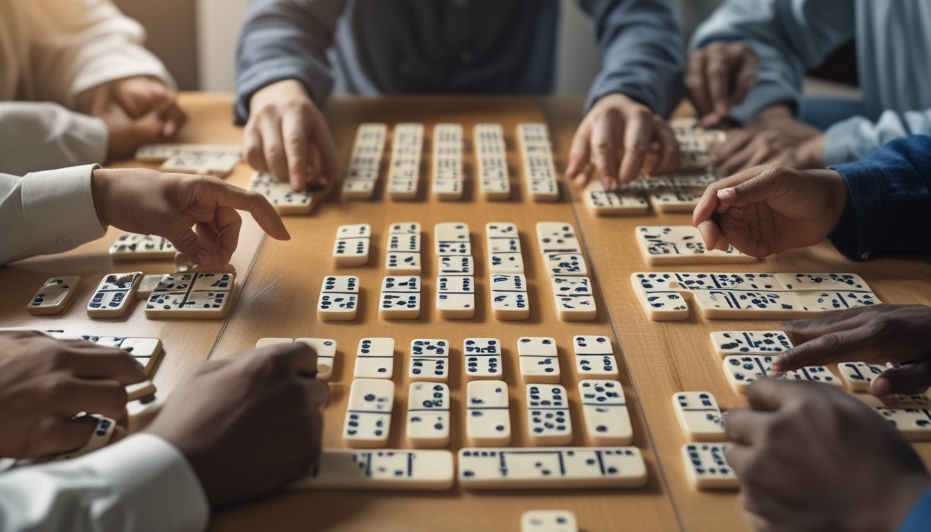 Beberapa orang sedang bermain berbagai variasi permainan domino di meja kayu dengan beberapa set ubin domino yang berbeda.