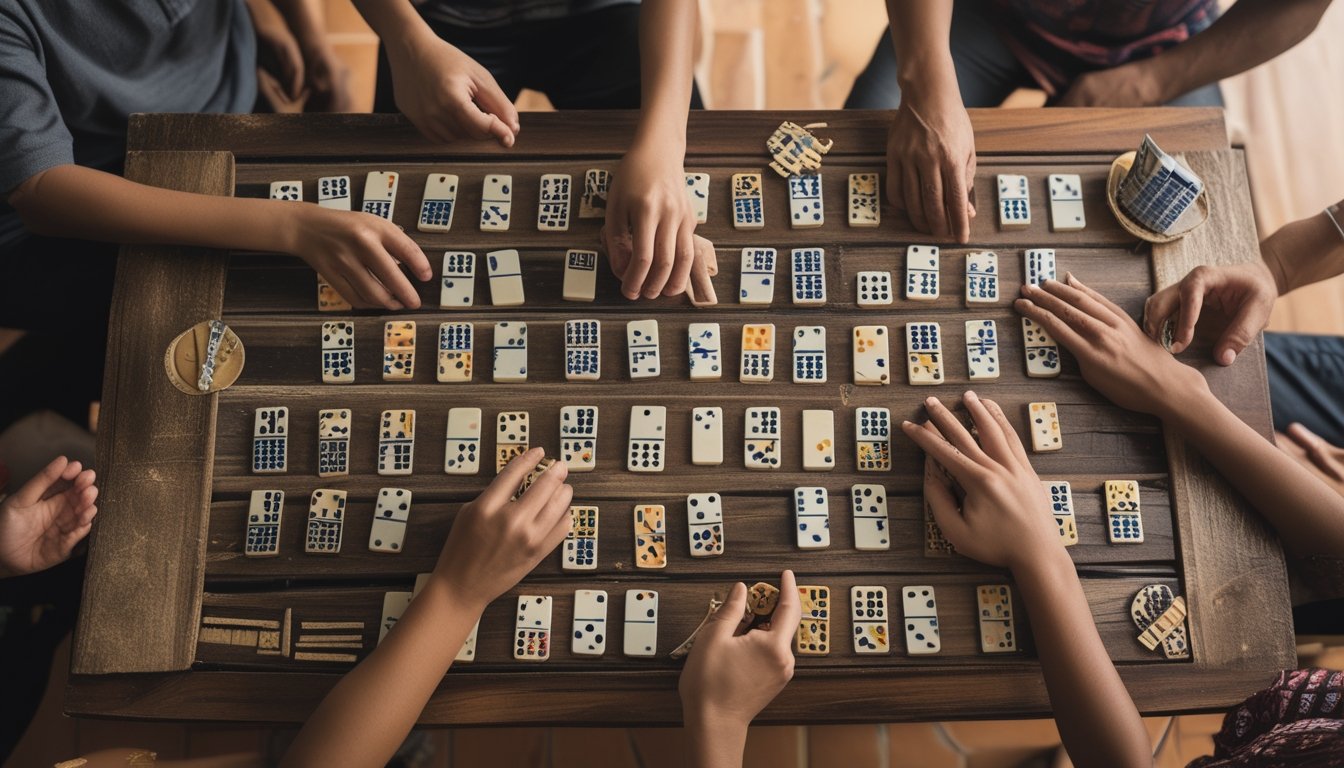 Beberapa tangan pemain sedang bermain permainan Ceme dan domino tradisional di atas meja kayu dengan susunan domino yang rapi.