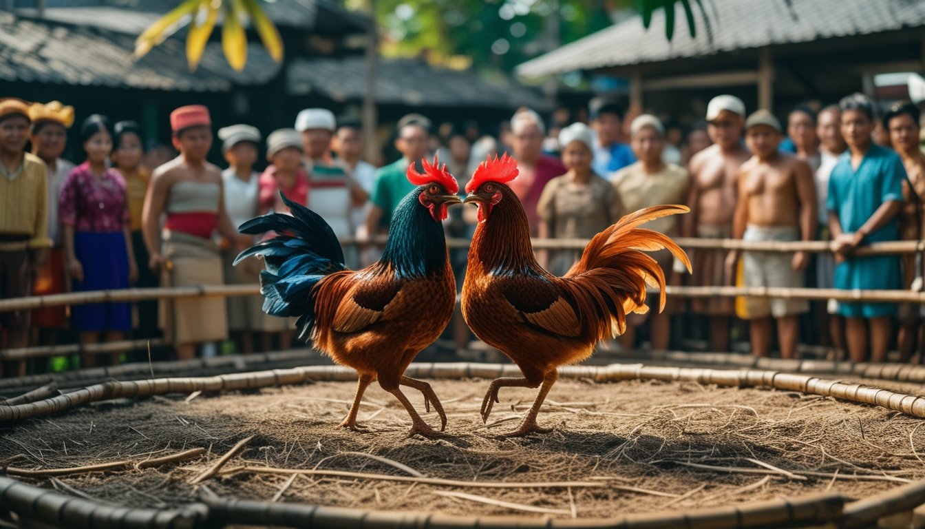 Dua ayam jago sedang bertarung di arena bambu tradisional dikelilingi oleh penonton dari berbagai negara Asia Tenggara dengan pakaian tradisional, di luar ruangan dengan latar belakang rumah kayu dan pepohonan tropis.
