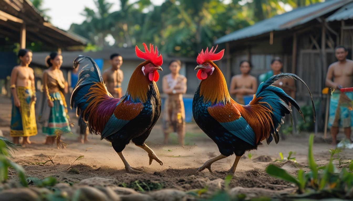 Dua ayam jago sedang bertarung di depan penonton yang mengenakan pakaian tradisional di sebuah desa di Asia Tenggara.