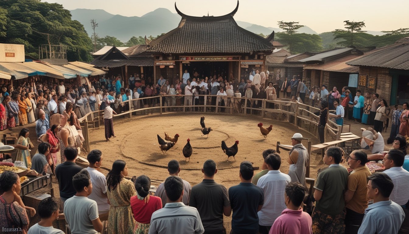 Sekelompok orang berkumpul di arena sabung ayam tradisional dengan latar belakang bangunan dan pakaian khas berbagai negara, menampilkan suasana ramai dan aktivitas ekonomi sekitar acara.