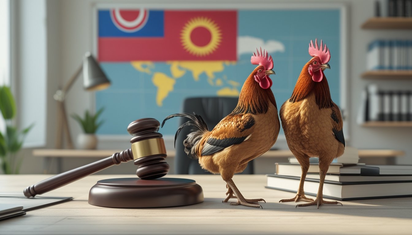 Meja kantor dengan palu hakim, buku hukum, bendera Indonesia, peta negara, dan dua ayam jago berdiri berdampingan.