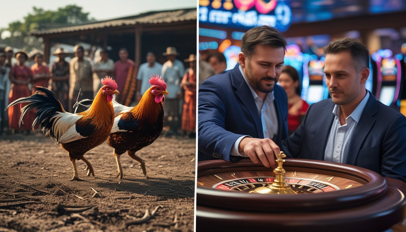 Dua adegan berdampingan, satu menunjukkan tradisi sabung ayam dengan orang-orang menonton pertarungan ayam di luar ruangan, dan yang lain menunjukkan aktivitas perjudian modern di dalam kasino dengan orang-orang bermain kartu dan mesin slot.