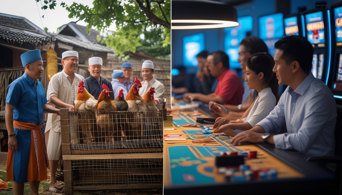 Orang-orang berkumpul di luar dengan ayam jantan untuk sabung ayam tradisional, dan kelompok lain di dalam ruangan modern bermain judi dengan kartu dan chip.