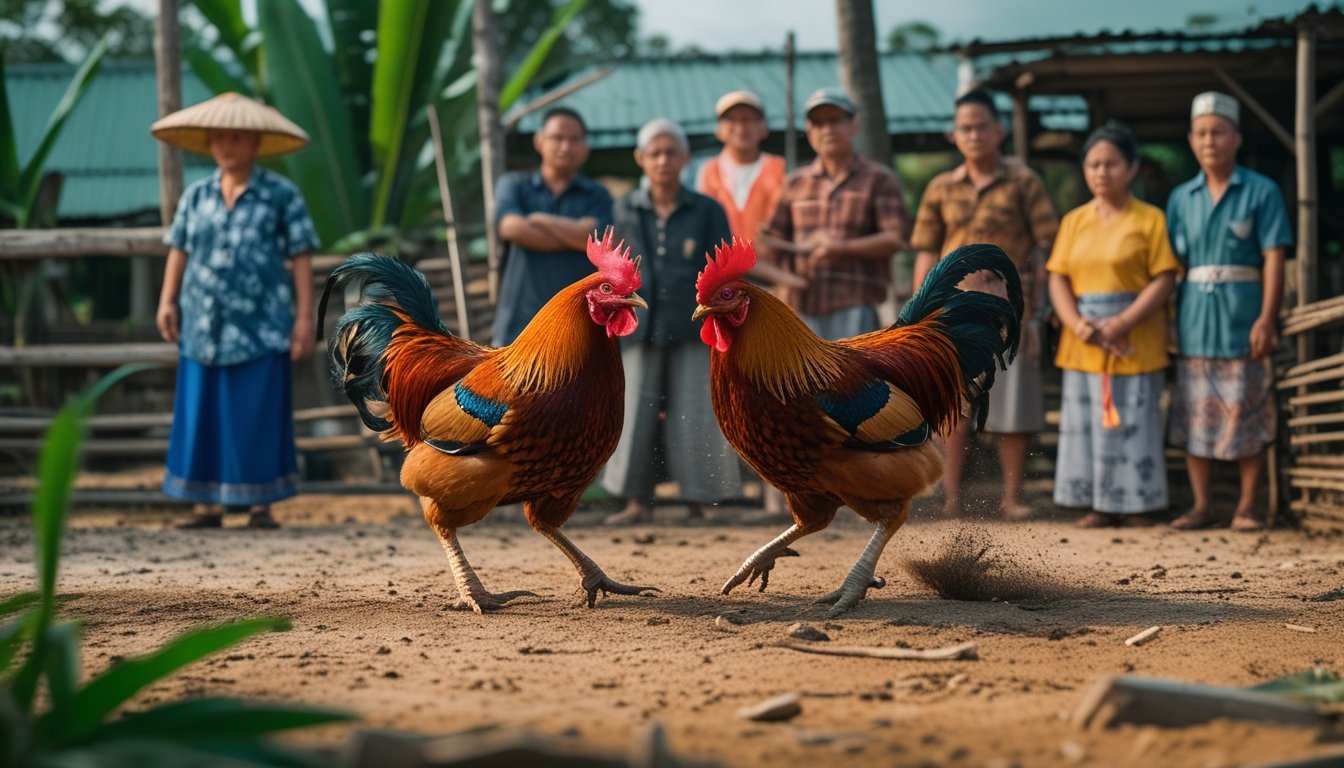 Dua ayam jago sedang bertarung di luar ruangan dengan sekelompok orang menonton di sekitar mereka.