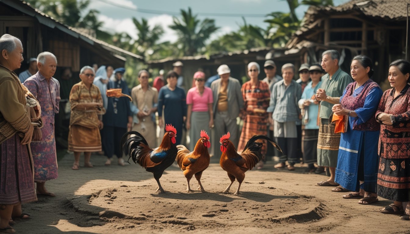 Orang-orang di desa berkumpul mengelilingi arena sabung ayam tradisional dengan dua ayam bertarung, suasana menunjukkan campuran kegembiraan dan perhatian.