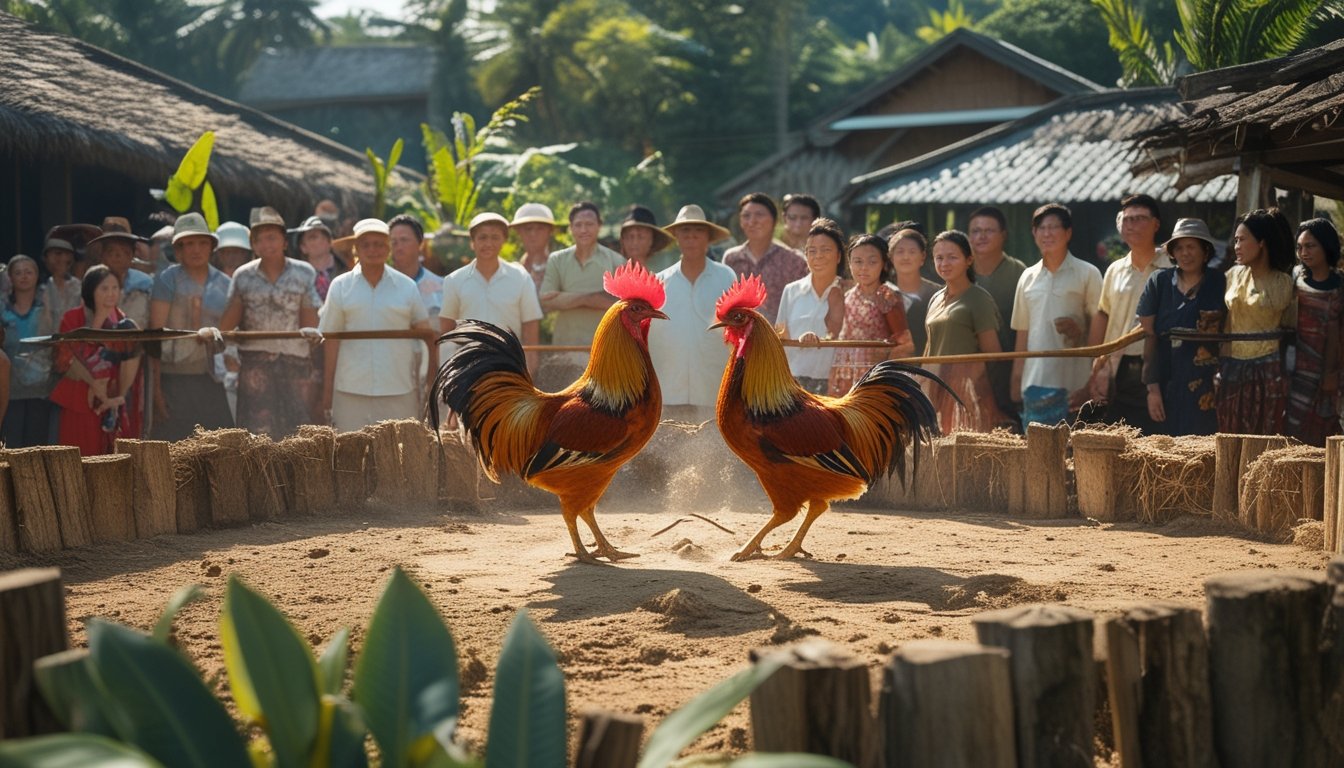 Suasana tradisional sabung ayam di desa dengan kerumunan orang menonton dua ayam bertarung di arena terbuka.