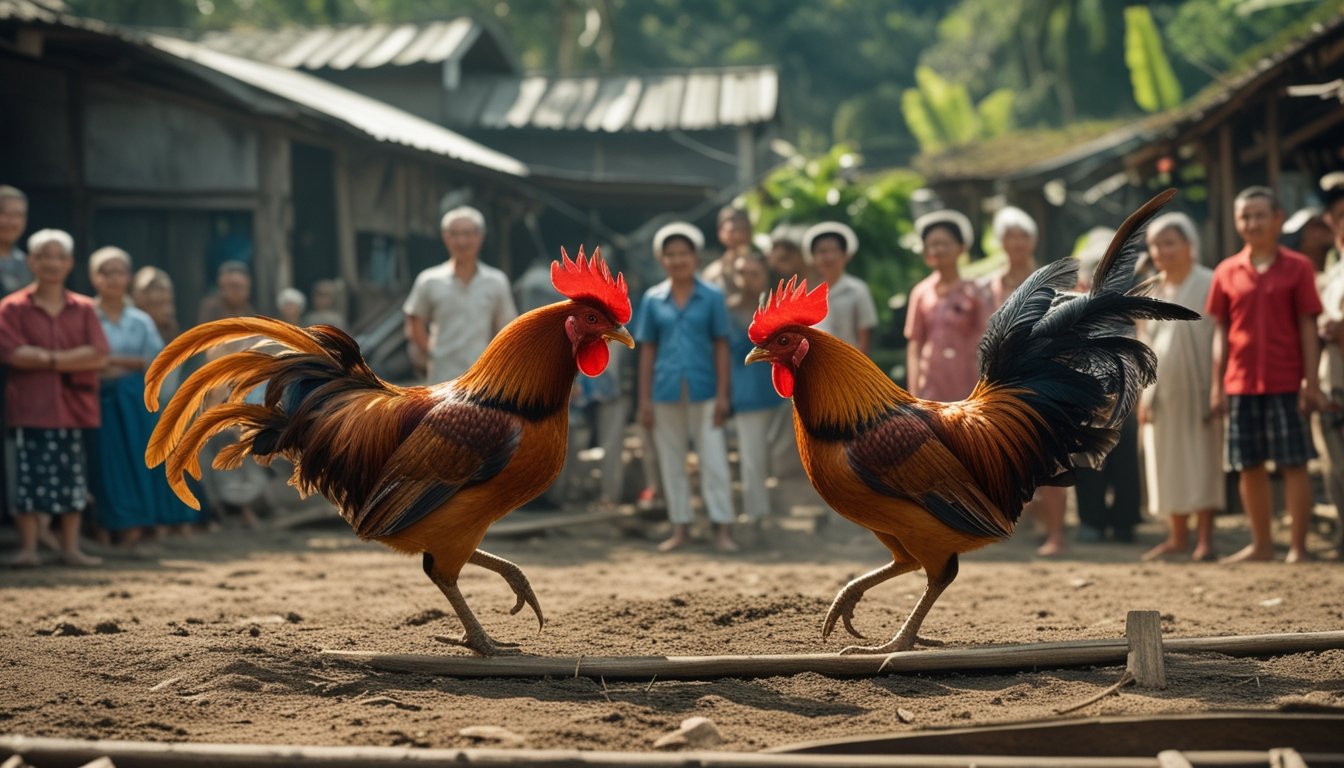Dua ayam jantan sedang bertarung di arena kayu dengan orang-orang desa yang menyaksikan di sekelilingnya.