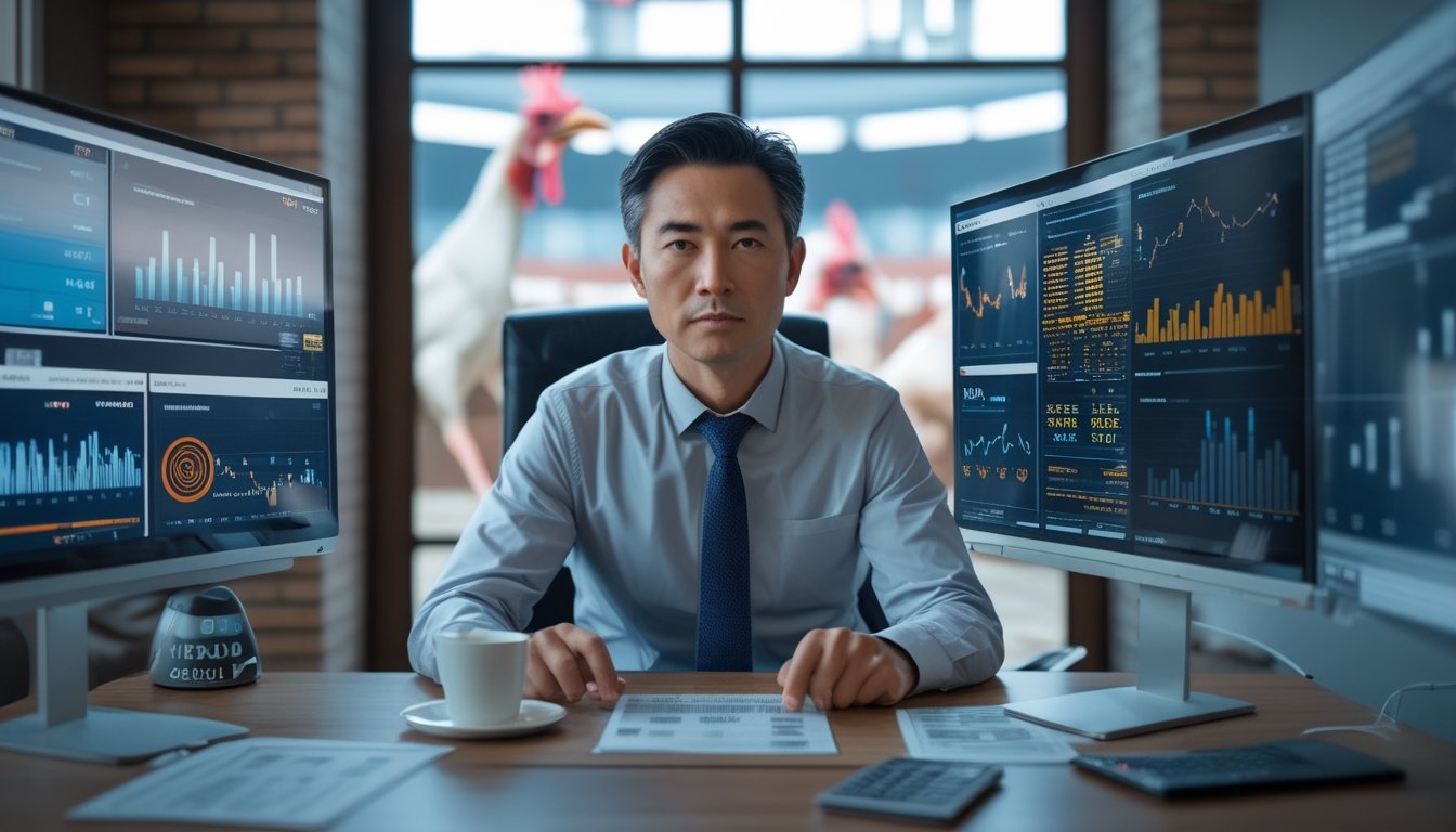 Seorang analis keuangan sedang bekerja di kantor dengan layar komputer yang menampilkan grafik dan data terkait risiko perjudian sabung ayam.