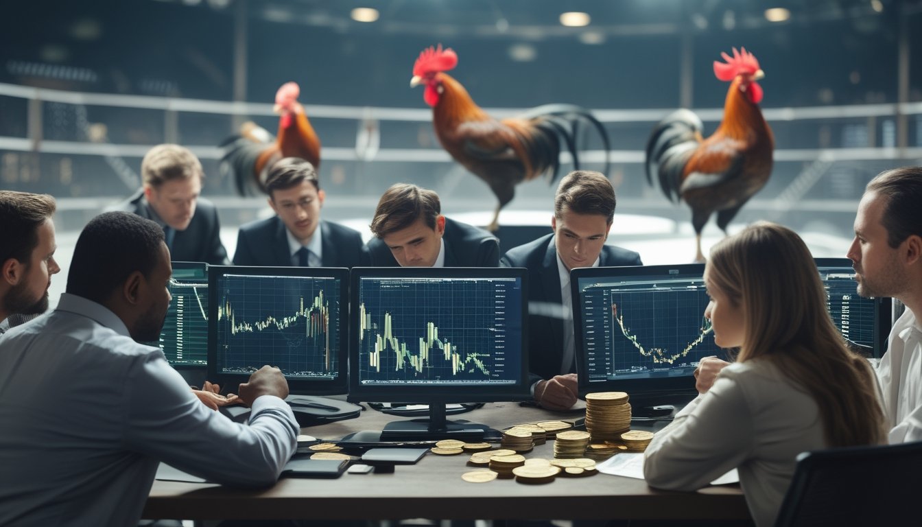 Sekelompok orang sedang menganalisis data keuangan dengan grafik dan uang di meja, dengan latar belakang gambar ayam jago yang mewakili aktivitas perjudian.
