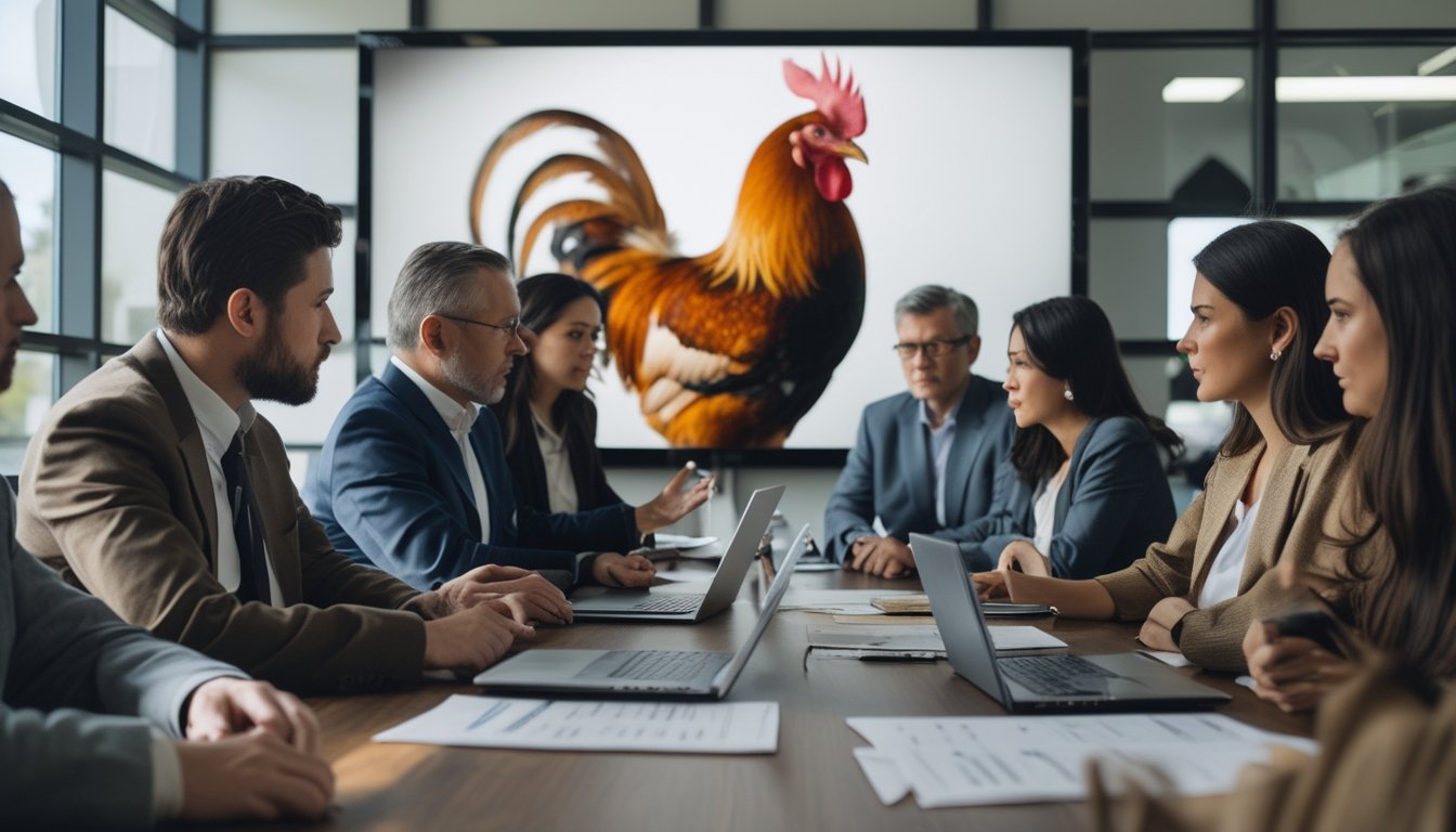 Sekelompok orang sedang rapat membahas kesejahteraan hewan dengan gambar ayam jago di layar latar belakang.