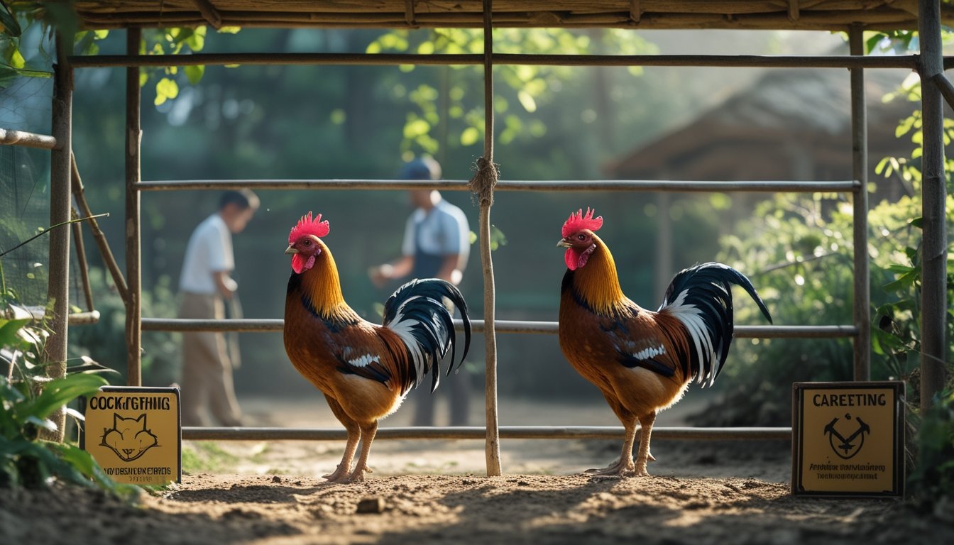 Dua ayam jantan di kandang dengan penghalang transparan, dikelilingi oleh orang yang mengamati dengan penuh perhatian di lingkungan pedesaan yang hijau.