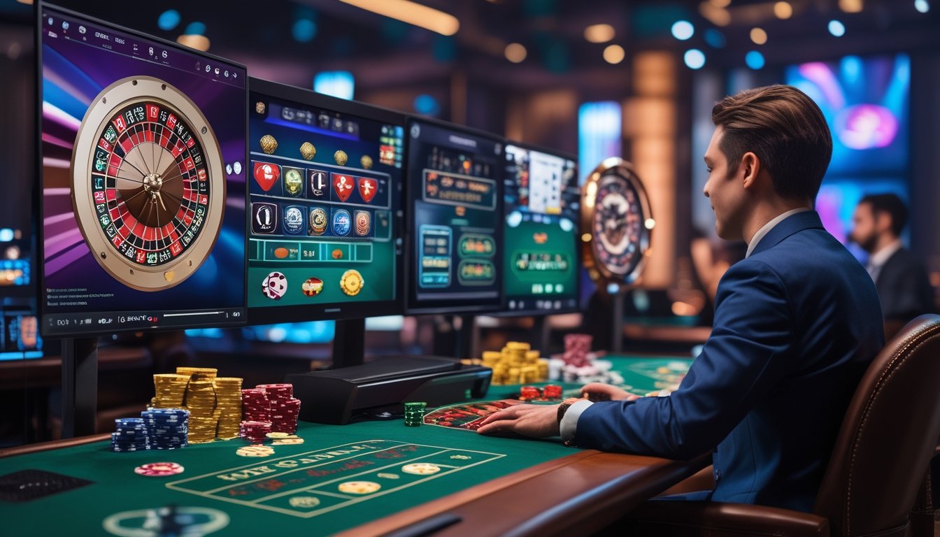 Seorang dealer kasino langsung sedang berinteraksi dengan pemain melalui layar komputer di meja kasino yang modern dan terang.