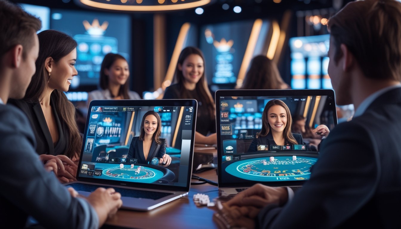 Orang-orang menggunakan perangkat digital untuk bermain permainan kasino langsung dengan dealer yang terlihat melalui video streaming.