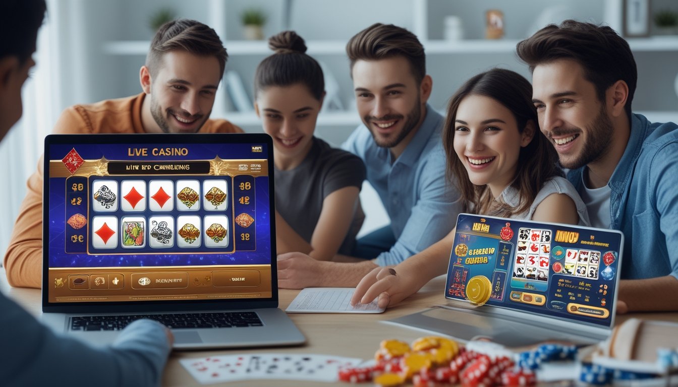Orang-orang yang sedang bermain permainan kasino langsung dan bingo online di laptop di ruang kerja rumah.
