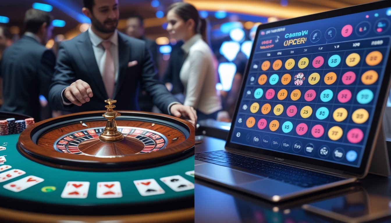 Suasana kasino langsung dengan dealer dan pemain di satu sisi, dan layar komputer menampilkan permainan bingo online di sisi lain.