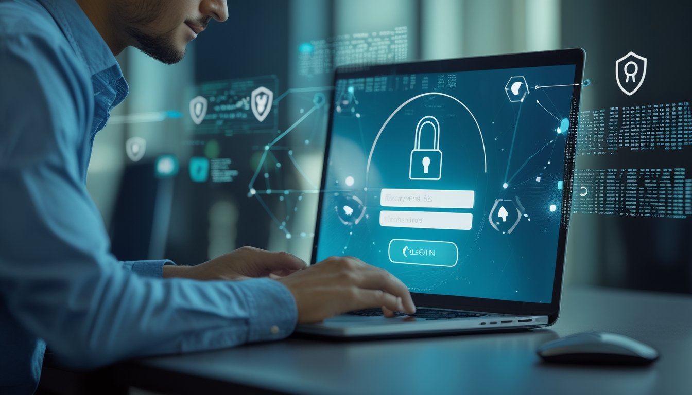 Seorang individu duduk di depan laptop dengan layar yang menunjukkan simbol keamanan data, di lingkungan kerja modern dengan elemen digital yang melambangkan perlindungan data.