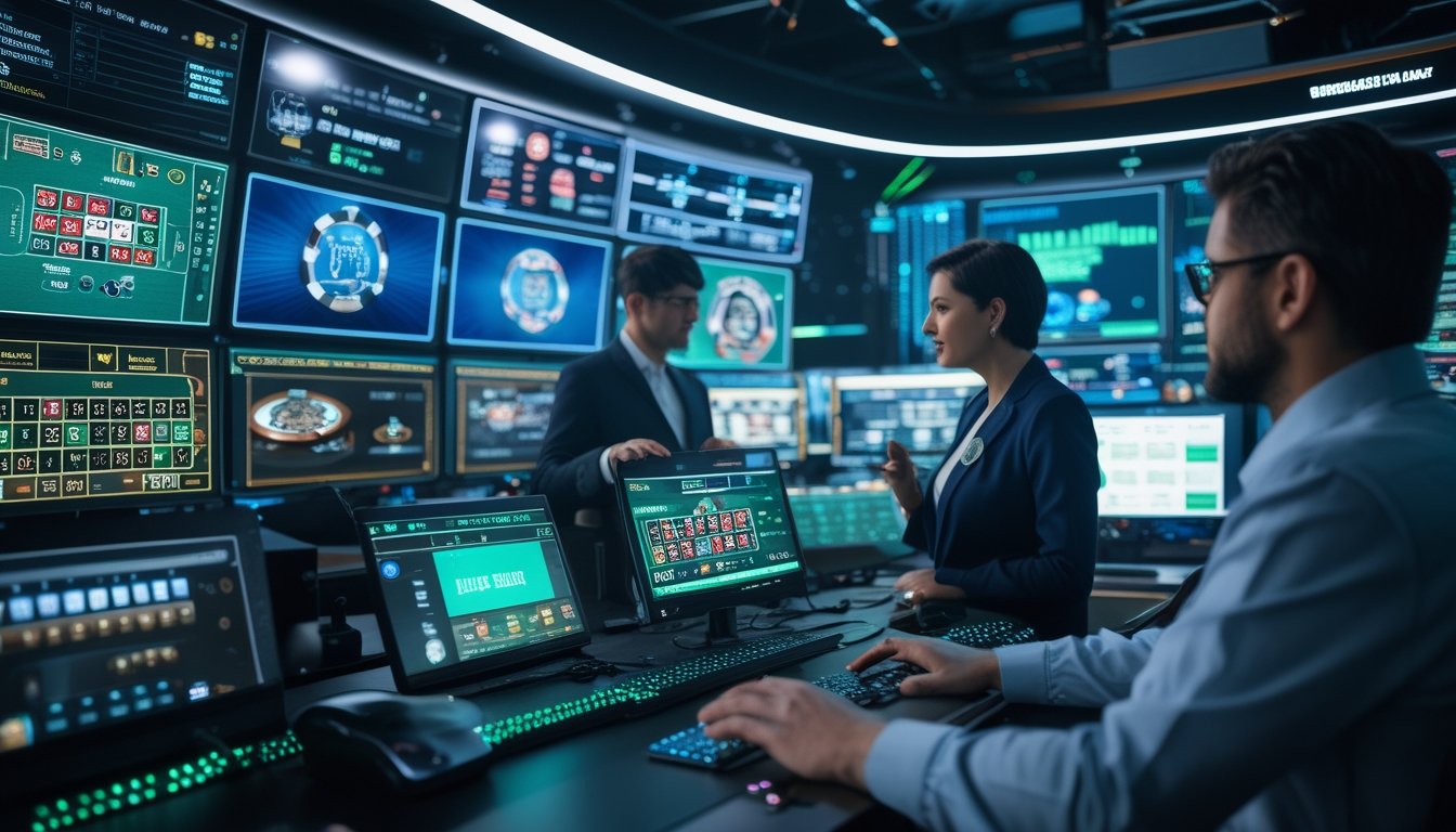 Ruangan kontrol modern dengan beberapa monitor menampilkan permainan kasino langsung dan tim profesional yang mengoperasikan peralatan streaming.