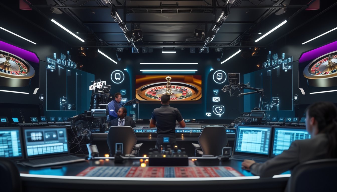 Ruang kontrol modern dengan beberapa monitor menampilkan permainan kasino langsung dan tim profesional yang mengelola teknologi streaming.