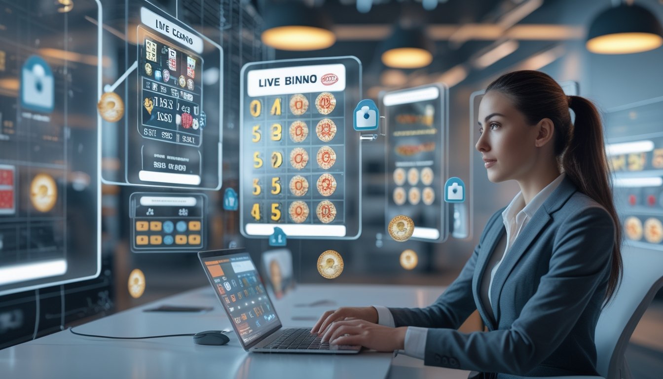 Seorang wanita profesional duduk di depan beberapa layar digital yang menampilkan permainan kasino langsung dan bingo dengan ikon keamanan di latar belakang kantor modern.