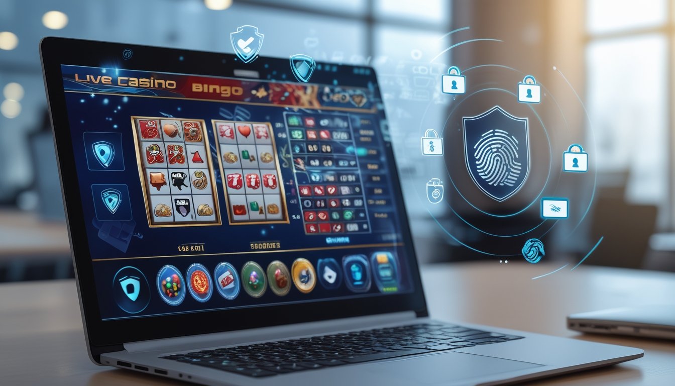Seorang pengguna di depan komputer dengan tampilan permainan kasino langsung dan bingo online, dikelilingi ikon keamanan digital seperti gembok dan perisai.