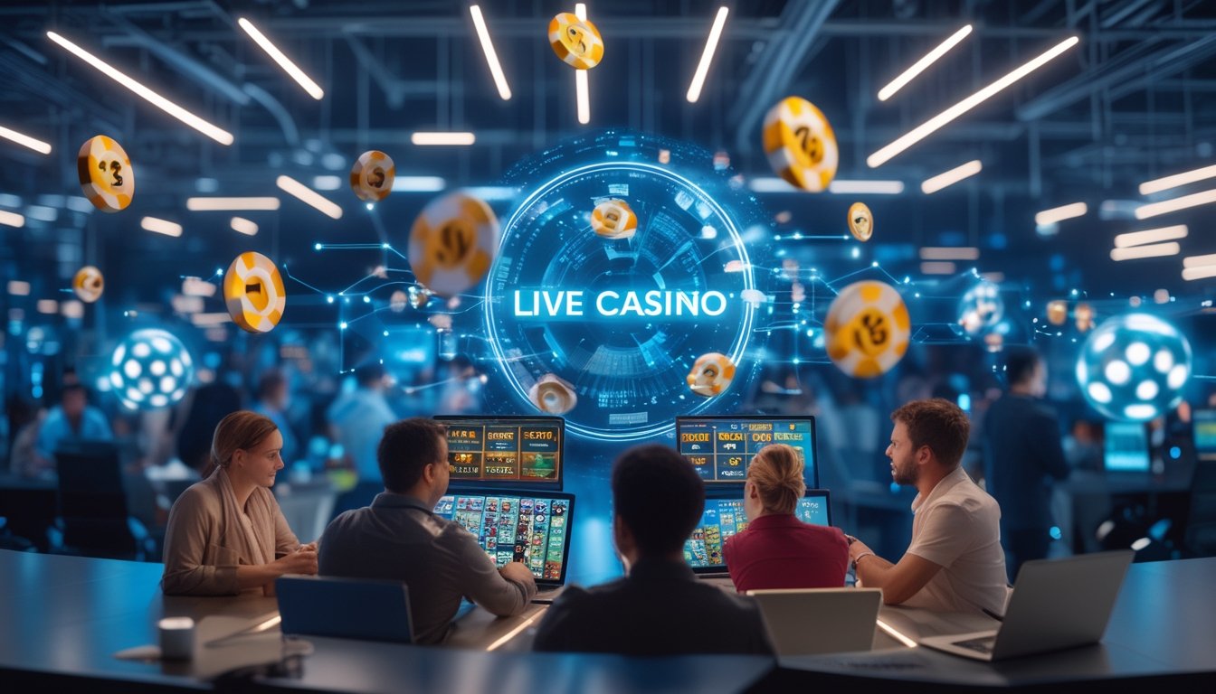 Orang-orang menggunakan perangkat digital untuk bermain kasino langsung dan bingo online di lingkungan modern dengan elemen digital yang bersinar.