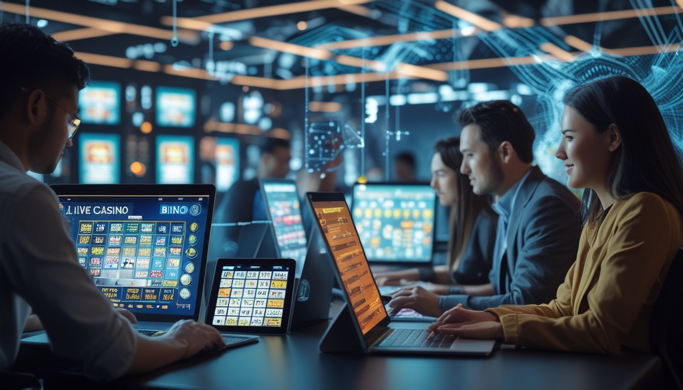 Beberapa orang bermain permainan kasino langsung dan bingo online menggunakan laptop, tablet, dan ponsel di lingkungan modern dengan latar belakang elemen teknologi digital.