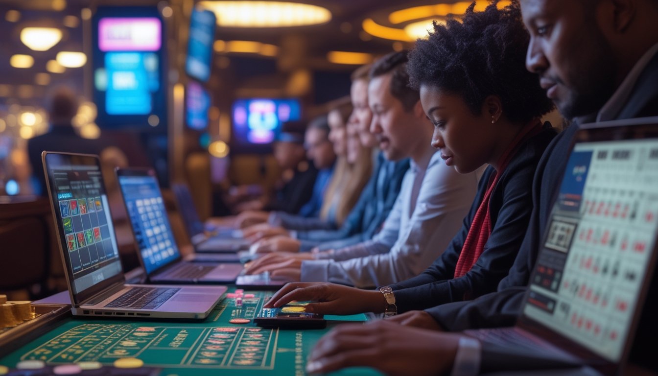 Beberapa orang bermain permainan kasino langsung dan bingo online menggunakan perangkat digital di dalam ruangan kasino yang modern.