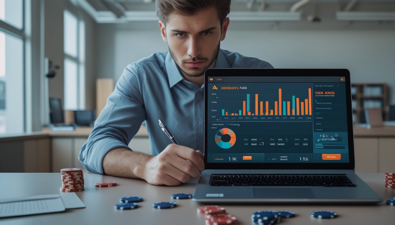 Seorang pria muda duduk di meja dengan laptop terbuka dan alat tulis, terlihat serius dan fokus, dengan chip poker dan kartu bermain di sekitarnya.