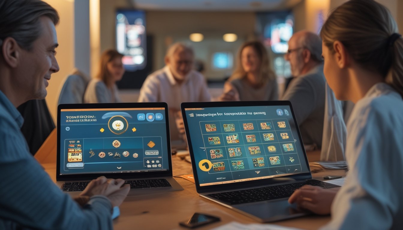 Beberapa orang dewasa bermain kasino langsung dan bingo online menggunakan laptop dan tablet dalam ruangan yang nyaman dan terang.