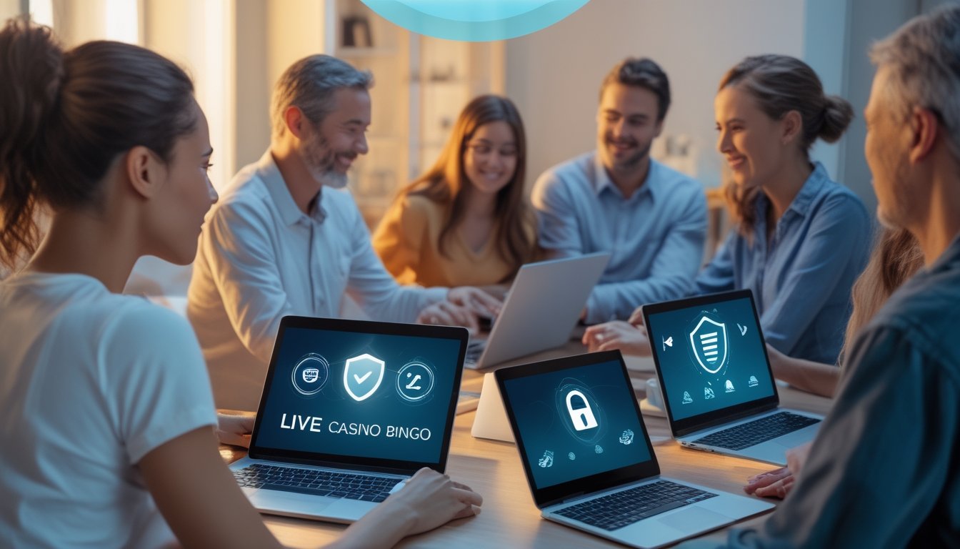 Beberapa orang dewasa bermain kasino dan bingo online dengan perangkat digital di rumah yang terang dan rapi, menunjukkan suasana bermain yang aman dan bertanggung jawab.