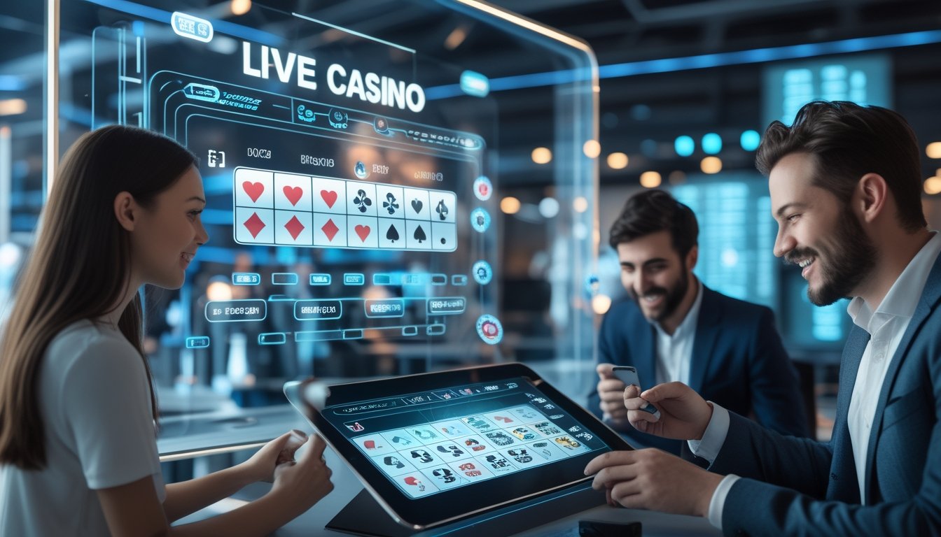 Orang-orang bermain permainan kasino langsung dan bingo online menggunakan perangkat digital di ruangan futuristik dengan antarmuka holografik.