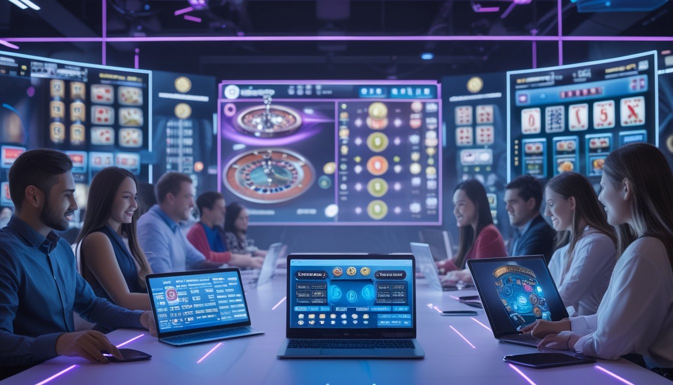 Orang-orang bermain permainan kasino langsung dan bingo online menggunakan perangkat digital di studio permainan modern dengan layar besar dan pencahayaan futuristik.