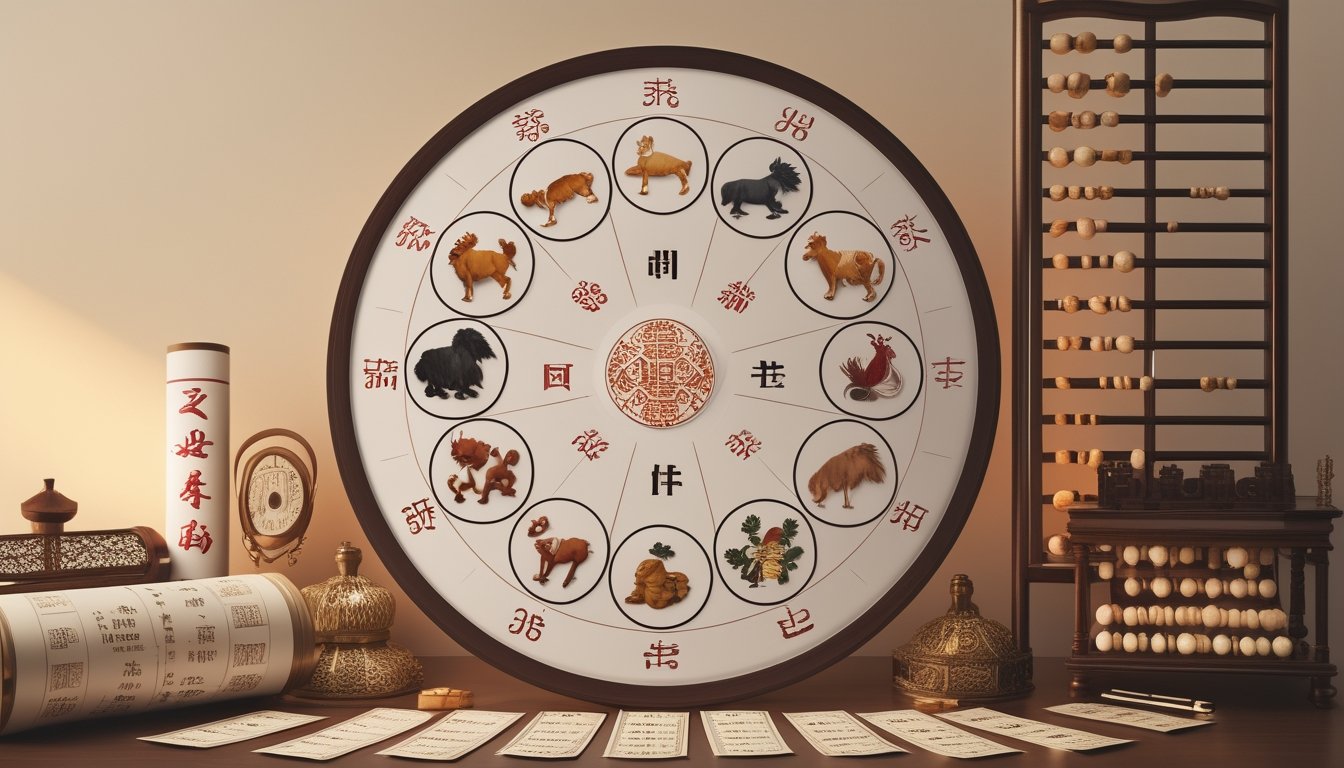 Diagram lingkaran yang menampilkan dua belas hewan shio dengan latar belakang alat tulis kuno dan tiket togel.