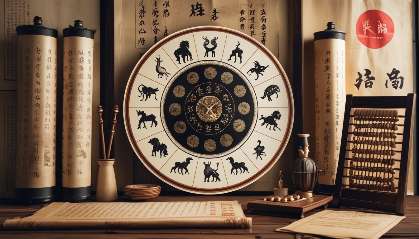 Diagram lingkaran shio Cina dengan simbol hewan di atas meja kayu, dikelilingi gulungan kertas dan alat tulis tradisional.