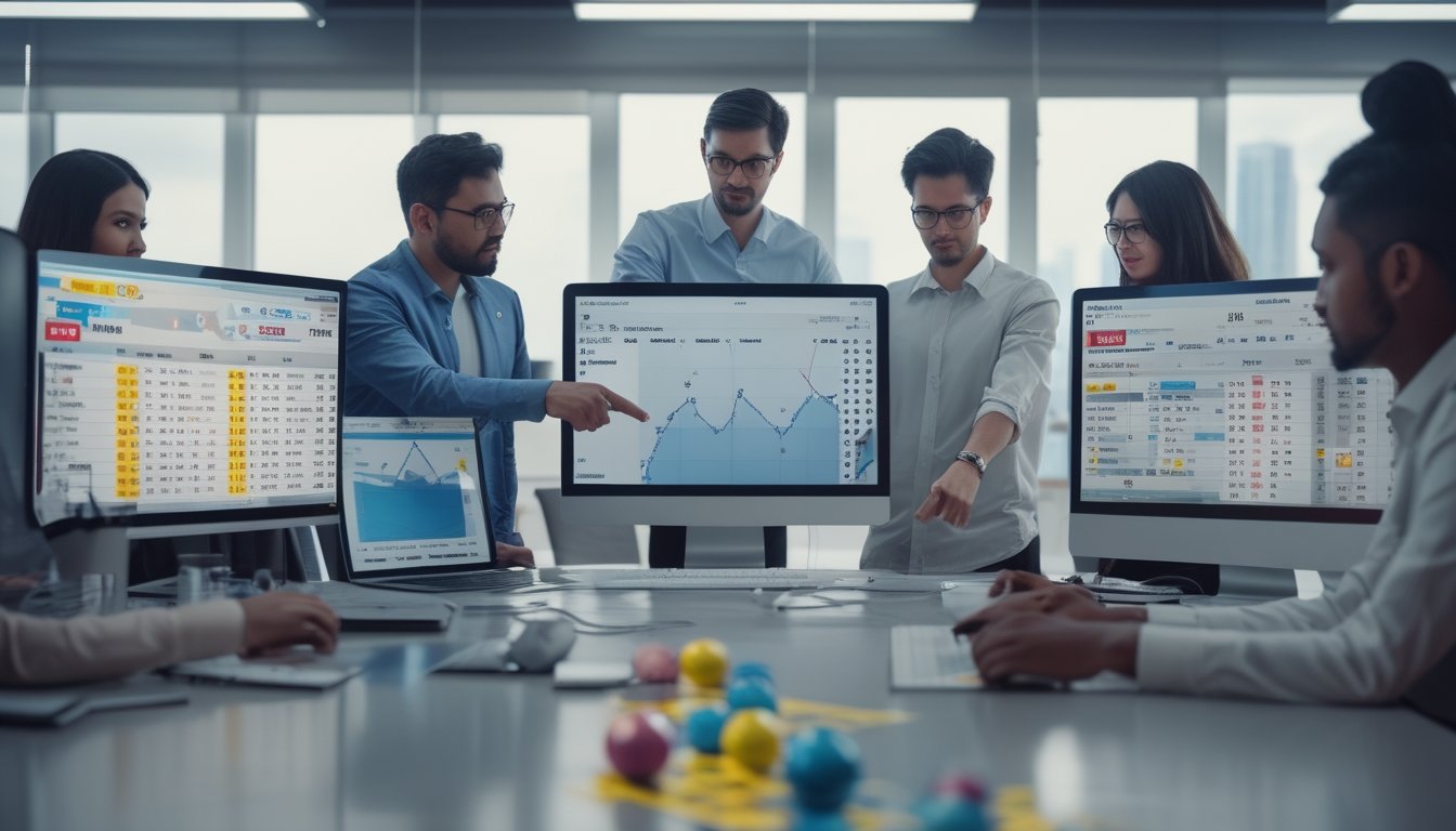 Sekelompok orang sedang menganalisis data togel Sydney di sebuah kantor modern dengan layar komputer dan grafik.