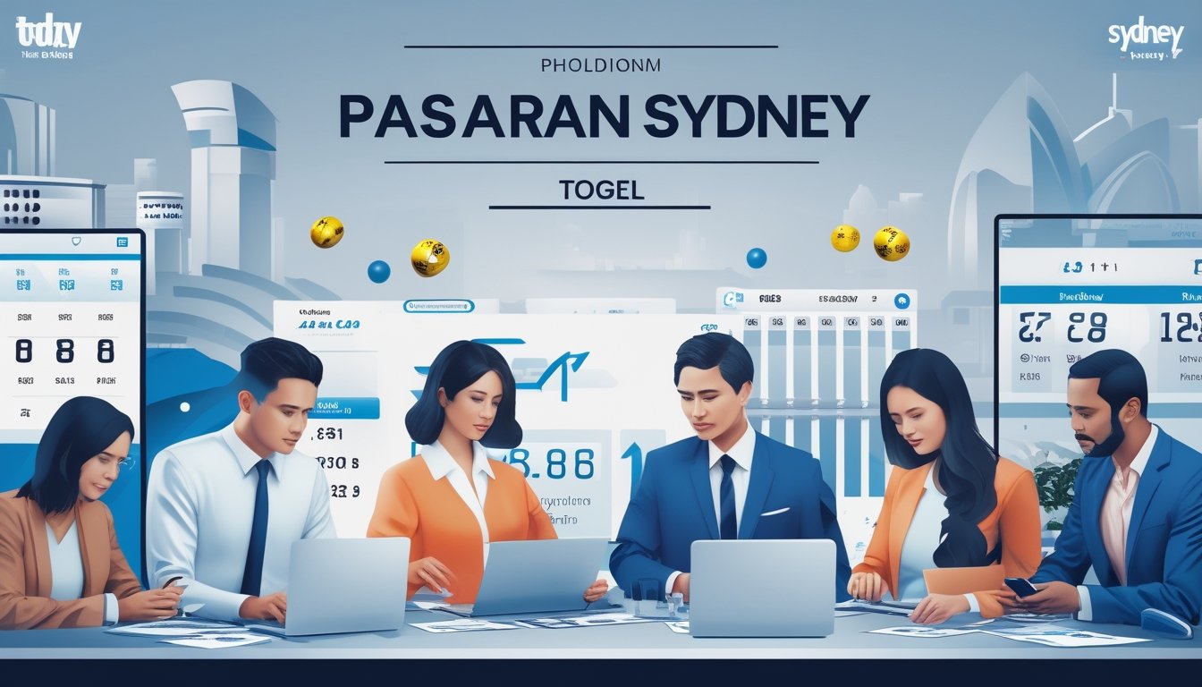 Sekelompok orang sedang menganalisis hasil togel dengan latar belakang siluet Sydney dan peralatan digital.