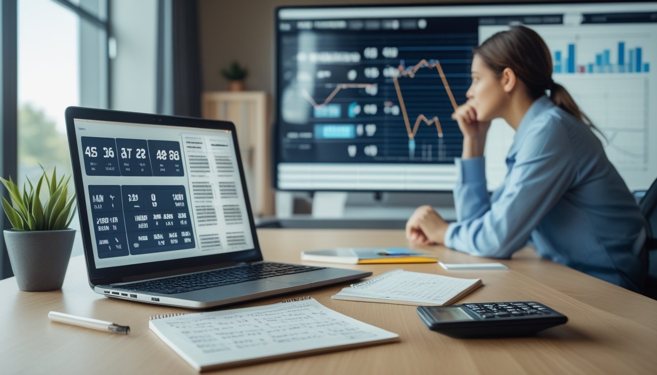 Sebuah meja kerja dengan laptop, notepad, dan kalkulator, seorang pria sedang menganalisis data pada layar besar di latar belakang.
