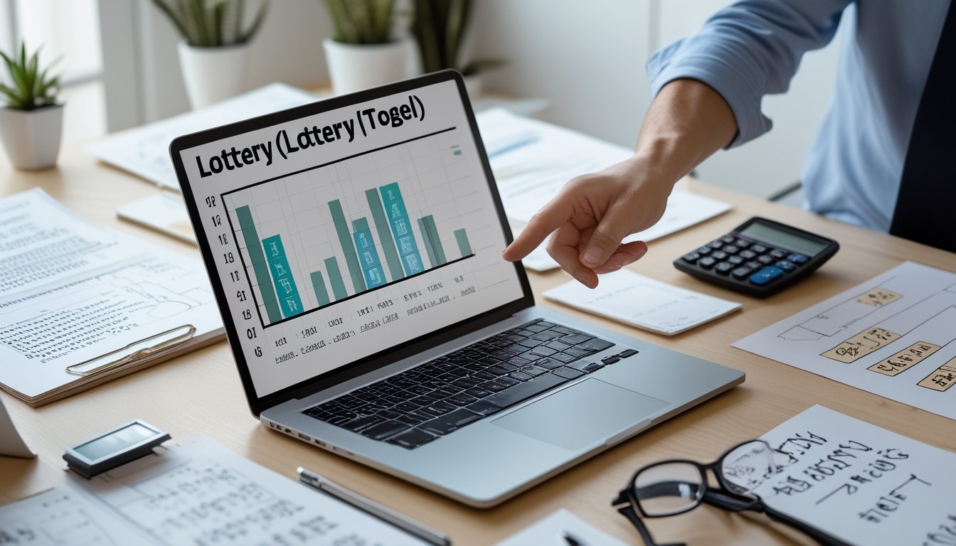 Meja kerja dengan laptop, kertas catatan, dan tangan menunjuk layar yang menampilkan angka dan grafik terkait permainan togel.