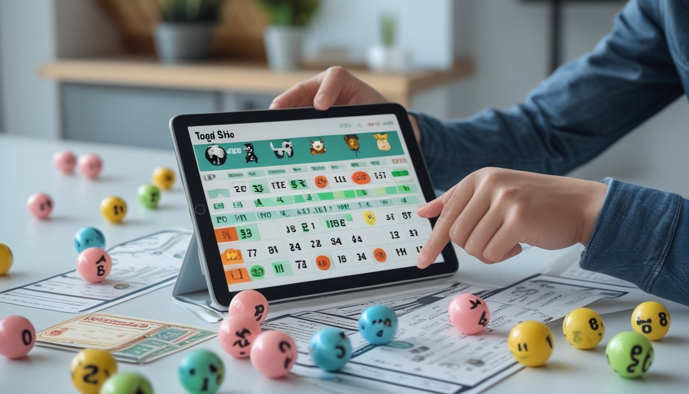 Sebuah meja dengan tiket lotre, tablet digital menampilkan grafik dan ikon shio, serta bola lotre berwarna-warni dengan angka, dengan tangan seseorang menunjuk layar tablet.