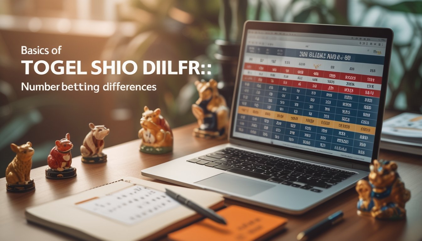 Meja kerja dengan laptop, catatan, dan figur hewan shio yang menggambarkan permainan togel dan perbedaan jenis taruhan angka.