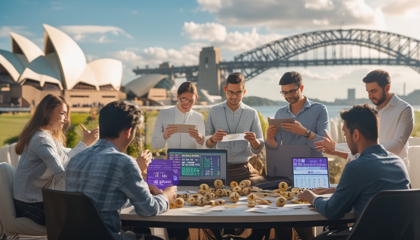 Sekelompok orang yang sedang menganalisis dan berdiskusi tentang togel di depan layar digital dengan latar belakang landmark Sydney.