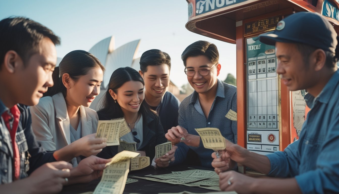 Sekelompok orang di Sydney sedang memilih nomor dan berdiskusi di sekitar sebuah stan tiket lotre vintage dengan latar belakang gedung ikonik kota.