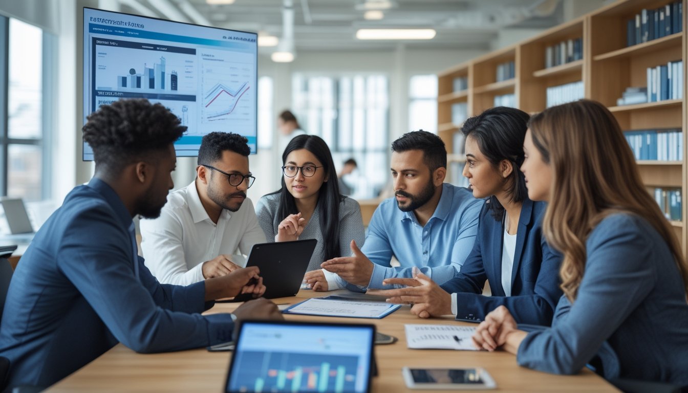 Sekelompok orang sedang berdiskusi serius dan menganalisis data di ruang kantor modern yang terang.
