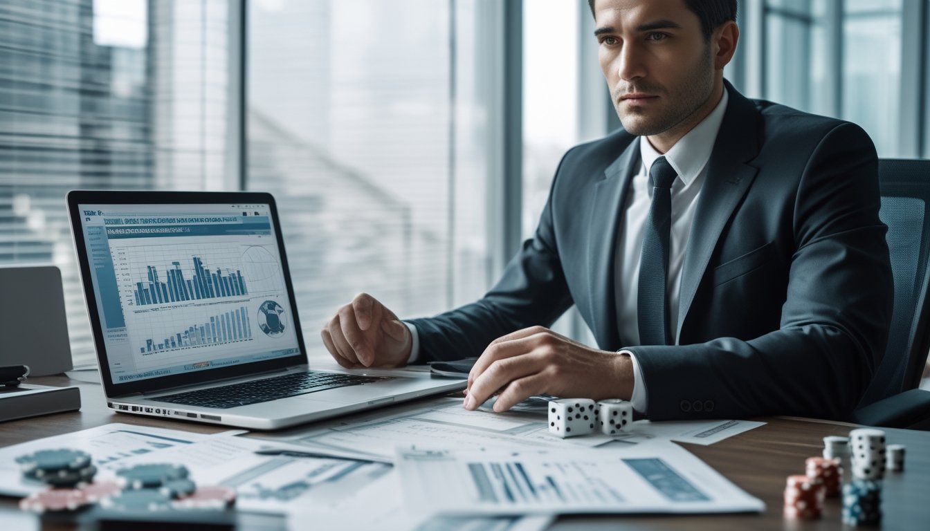 Seorang profesional duduk di meja kerja dengan dokumen keuangan dan alat judi seperti kartu dan chip, menunjukkan risiko finansial sebelum berjudi.