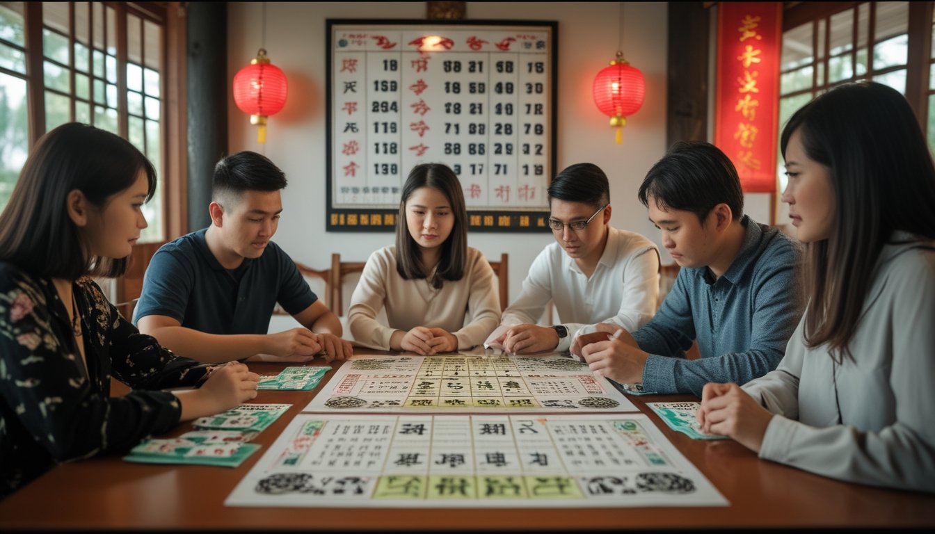 Sekelompok orang sedang berdiskusi di sekitar meja dengan simbol-simbol shio dan tiket togel di atas meja.