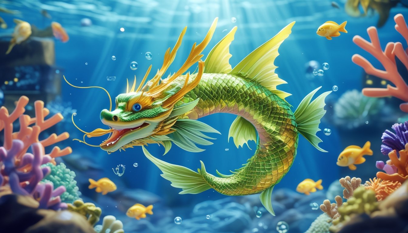 Seekor ikan berbentuk naga berwarna cerah di bawah laut dikelilingi ikan kecil dan terumbu karang.