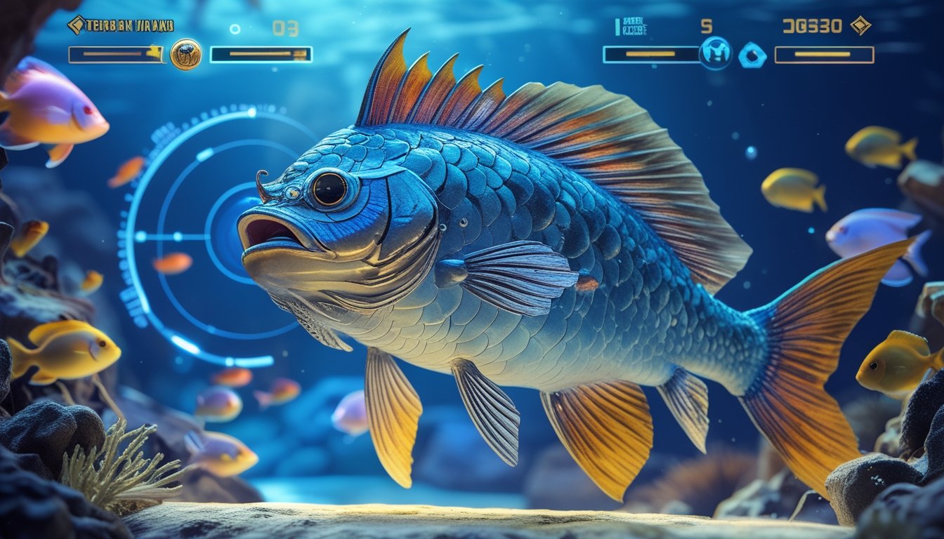 Pemandangan bawah laut dengan ikan naga besar yang dikelilingi ikan berwarna-warni dan elemen permainan digital yang samar.
